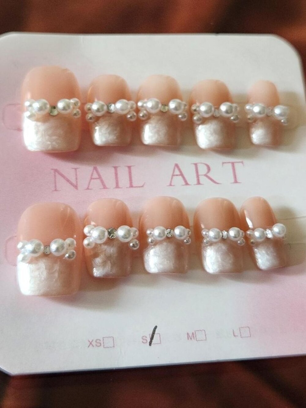 1.5 Short French-tip Marbled Pearl Pink Press-On Nails w/Pearl Accents. Size S.